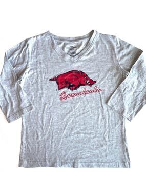 Arkansas Razorbacks Grey Hogs Graphic Rhinestone 3/4 Sleeve Tee Size Medium